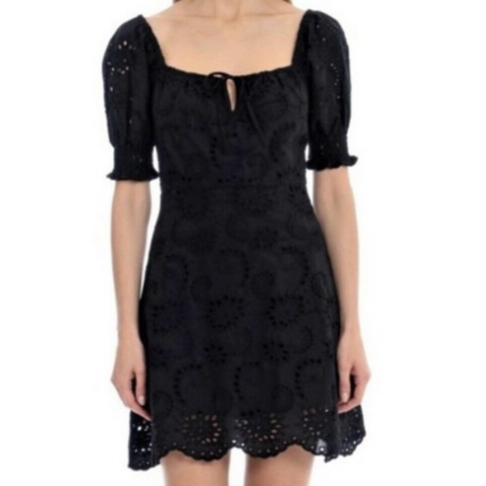 7 For All Man Kind Black Eyelet Mini Party Lined Short Sleeve Dress